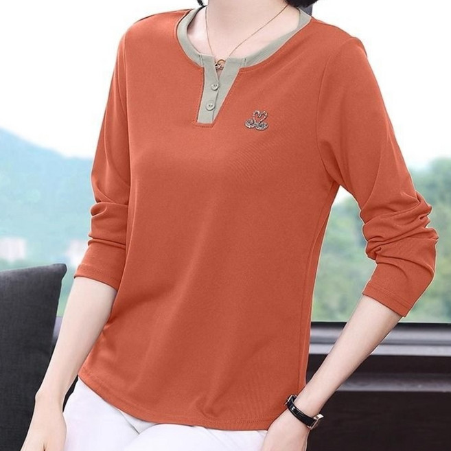 COSYEVNO 중년 여성 봄가을 라운드넥 버튼 긴팔 티셔츠 TZKmmtx-6