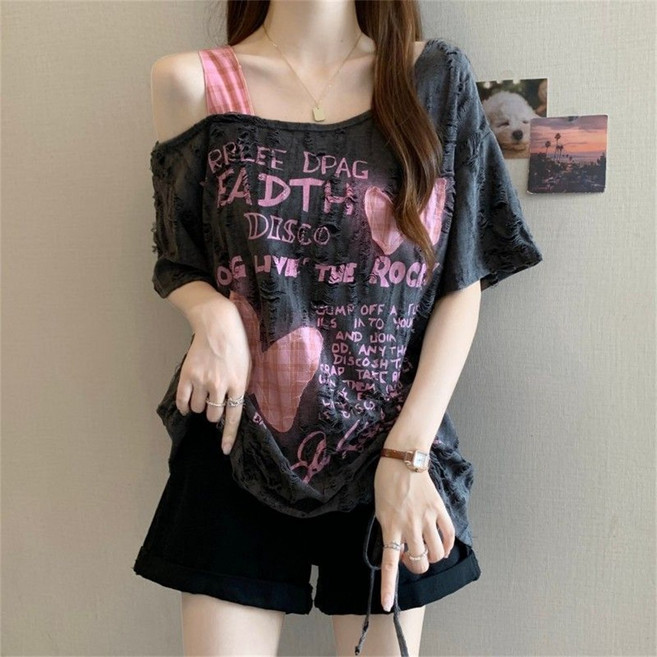 TKX 여성용 비대칭 오프숄더 레터링 프린트 루즈핏 반팔티셔츠 캐주얼 데일리 스타일링 여름 탑