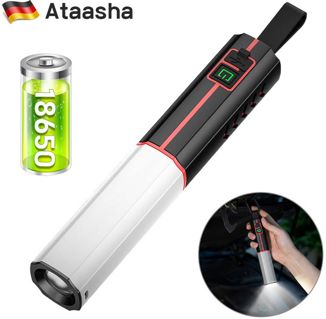 Ataasha led 충전식 손전등 줌 초강력 후레쉬 캠핑랜턴 고휘도 강한 지속력, 1개, 블랙