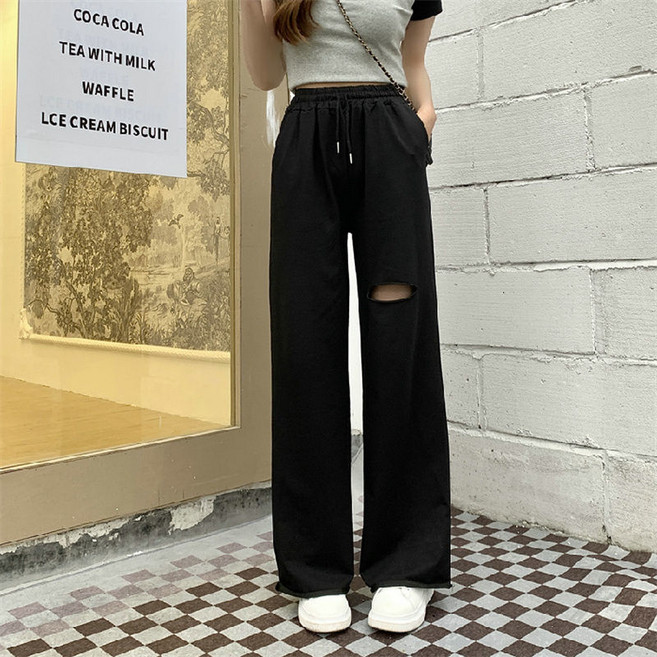 여성 봄 여름 팬츠 패션 빅사이즈 드롭 찢어진 와이드 팬츠 캐주얼 하이웨스트 밴딩 트레이닝 바지 YMY
