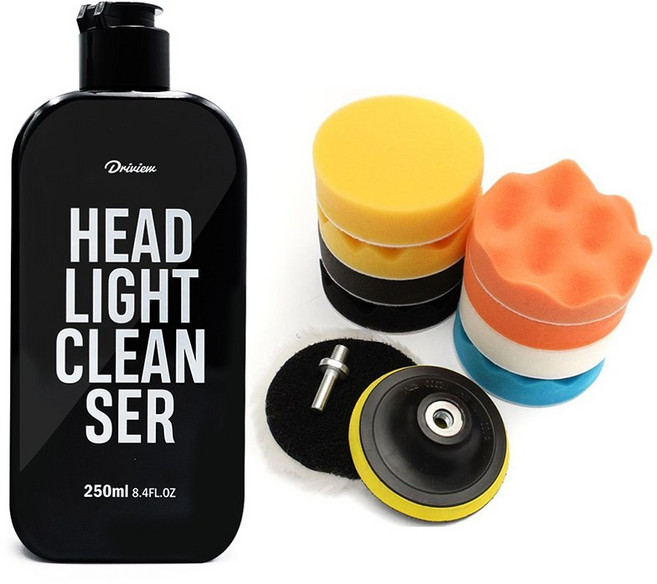 드라이뷰 헤드라이트 클렌저 전조등 라이트 복원 복원제+드릴광택페드 세트, 헤드라이트+광택패드 4인치세트, 250ml, 1세트