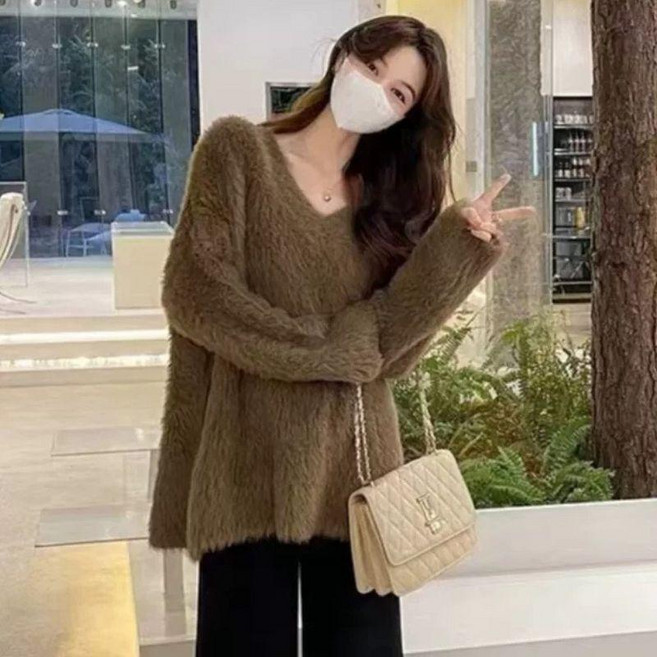 V領軟糯毛衣女秋冬新款寬鬆慵懶風上衣