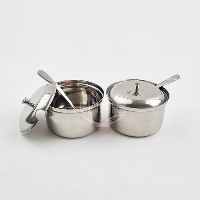 델키 깔끔한 스텐양념통 스푼포함 업소용 스테인레스 조미료통 소금 설탕 다대기 통, 중(2개입)스푼포함, 1세트