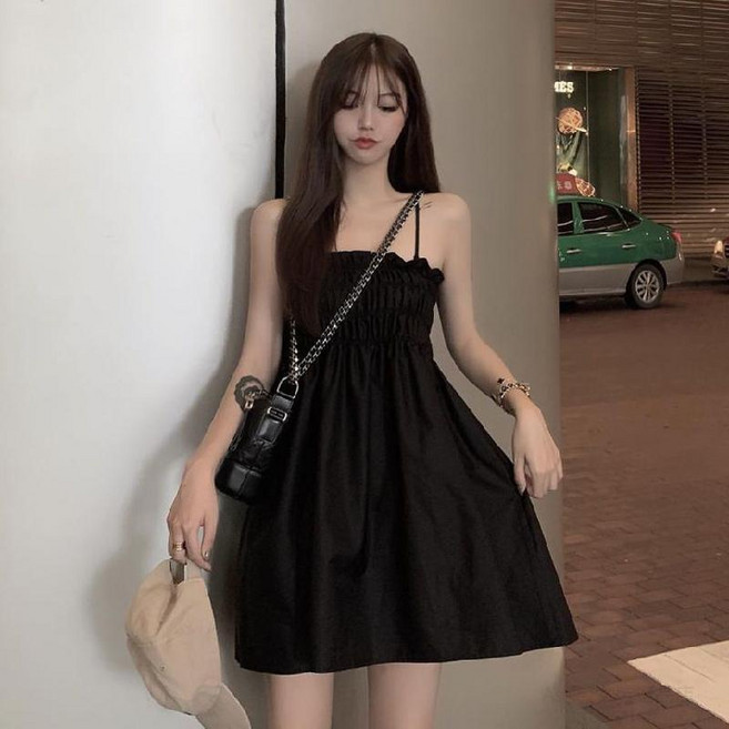 夏季吊帶洋裝 辣妹純欲風超短裙, 黑色,S 35-45kg, 黑色