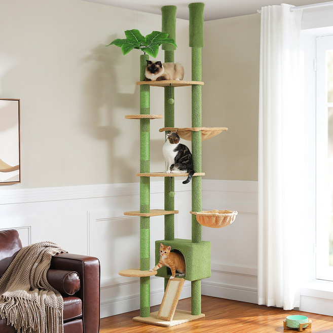 PAWZ Road 8단 대형 천장 고정형 패브릭 캣폴 트윈 기둥 2단 높이조절 캣타워 191CM~210CM 230CM~255CM 스크래쳐 기둥+플랫폼+해먹, 1개, 그린