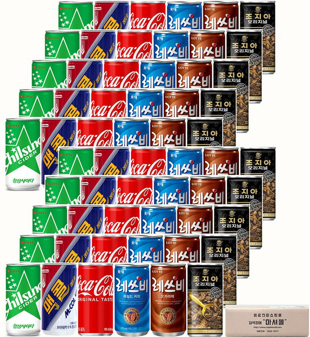 마셔몰 (탄산+커피 미니캔 혼합세트 6가지맛 각10캔씩 총60캔) (코카콜라+칠성사이다+맥콜)+(레쓰비마일드+레쓰비모카+조지아오리지널), 175ml, 60개