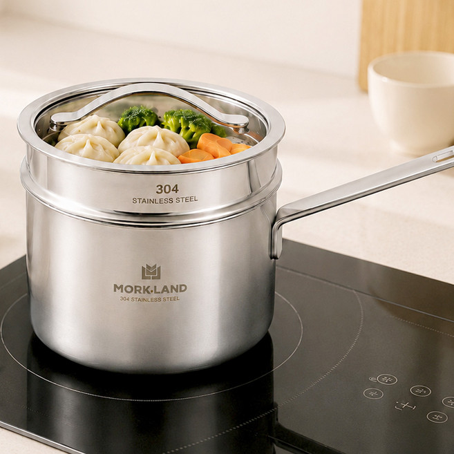 MorkLand 라면 냄비 304 스텐 3중 인덕션 냄비 찜기, 은색, 1개, 18cm