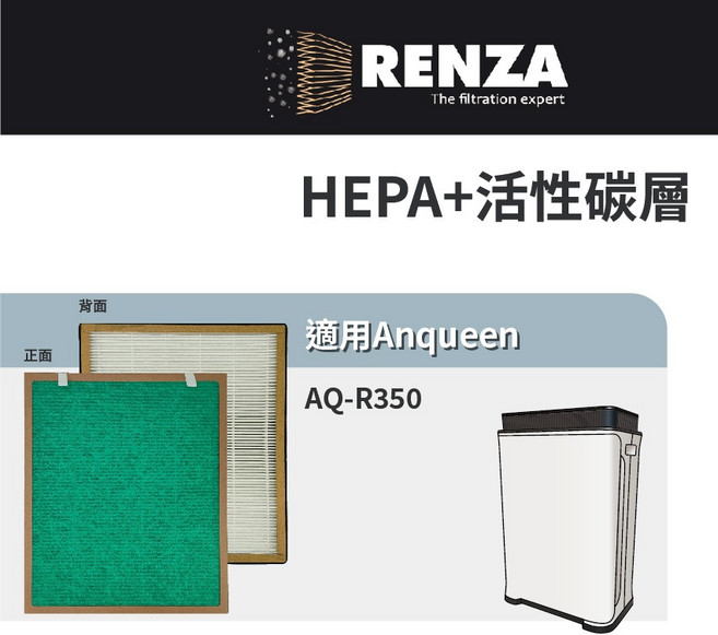 Anqueen 安晴 AQ-R350 空氣清淨機濾網 HEPA活性碳濾網組 有效過濾PM2.5及異味, 1個