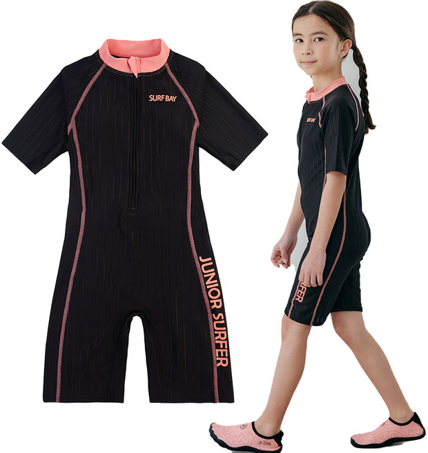 주니어 실내 수영복 반팔 5부 여아용 올인원 생존수영 수영복 SF-207 피치오렌지