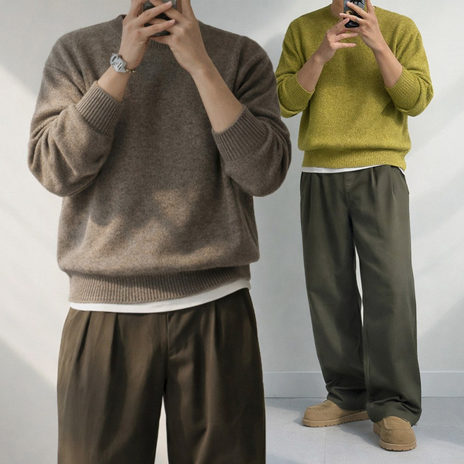 테이크잇컴퍼니 남성 봄 가을 소프트 세미 크롭 라운드 무지 니트 스웨터