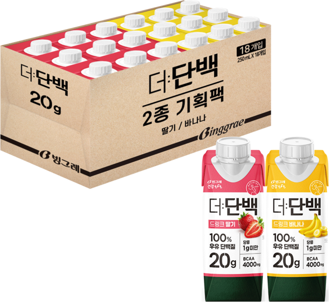 빙그레 더단백 드링크 프로틴음료 2종 혼합(딸기9+바나나9) 총 18개, 250ml, 딸기9+바나나9