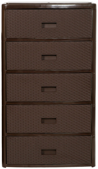 지오리빙 6143 와이드 5단 플라스틱 라탄 서랍장, 브라운