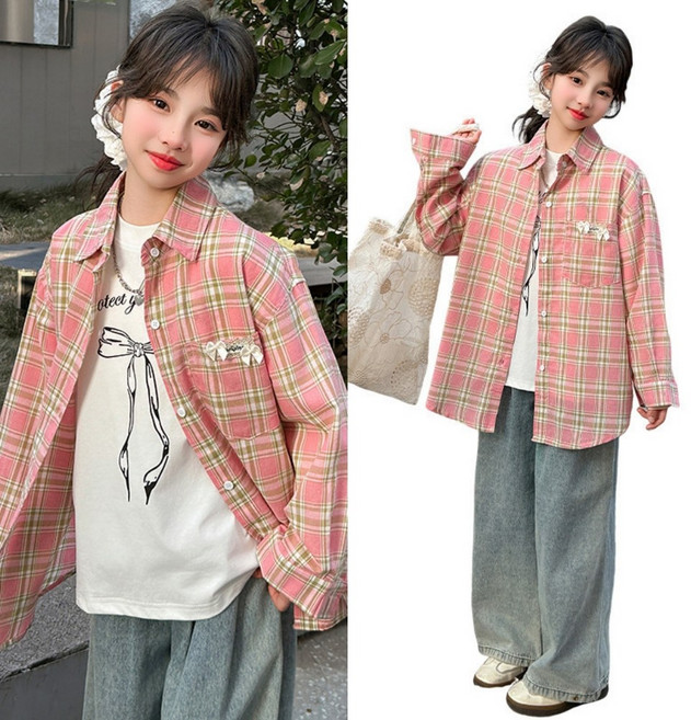 삐삐네옷가게 여아용 초등학생 러블리 핑크 체크 긴팔 셔츠