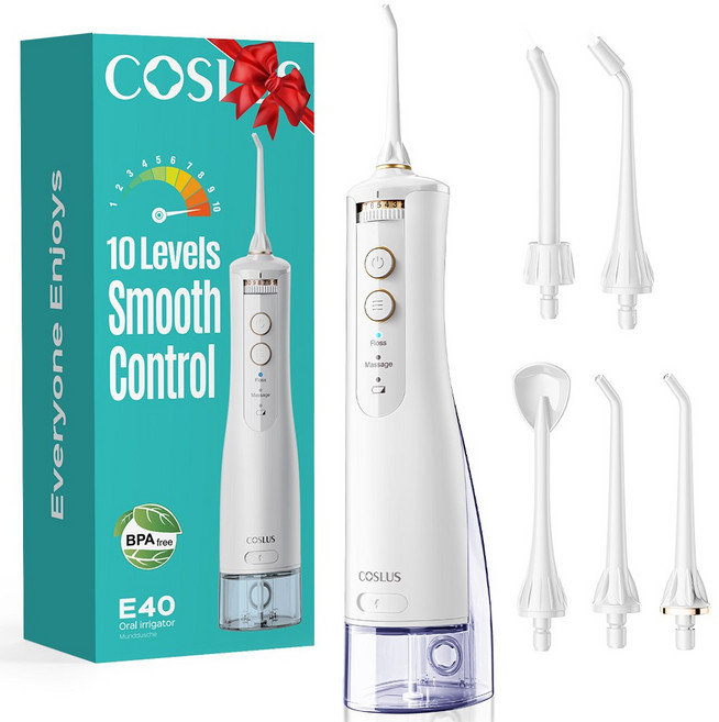 COSLUS 코슬루스 10 모드 무선 구강세정기 IPX7 급방수 + 5개노즐팁, 화이트, E40