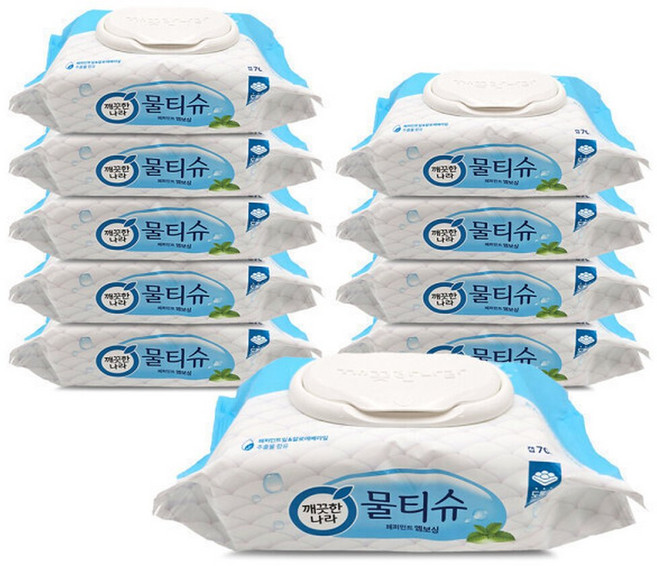 깨끗한나라 페퍼민트 엠보싱 물티슈 캡형 70매 10팩, 10개
