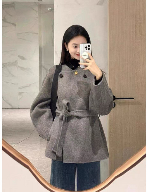 短款系帶毛呢外套 韓版呢子大衣