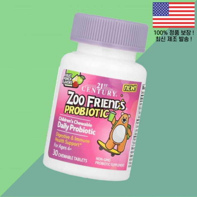 21센츄리 동물원 친구들 어린이 칠드런 키즈 아이 츄어블 프로바이오틱스 유산균 4세 이상 과일 후루츠 펀치 츄어블정 30정 Zoo Friends Children's Chewab, 1