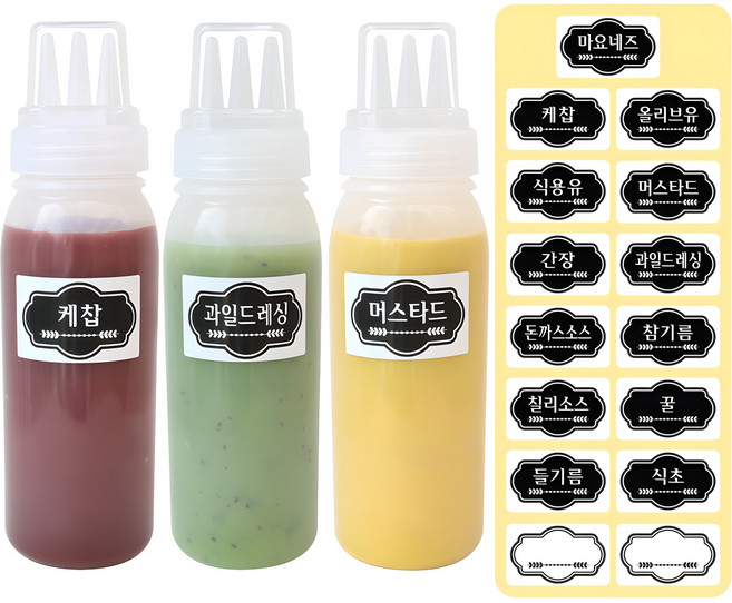 홈메이드 뚜껑 3구 소스통 400ml x 3p + 소스통 라벨 15p 세트, 1세트
