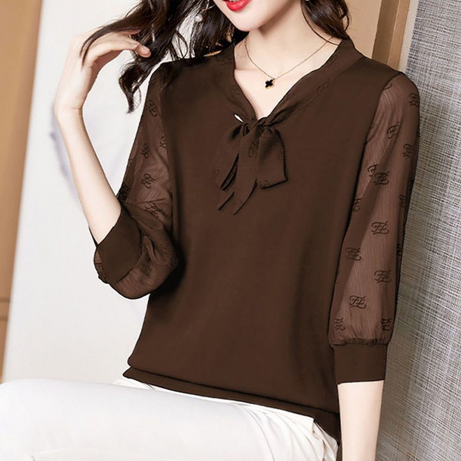 에리페 여성용 빅사이즈 시스루 리본 7부 블라우스