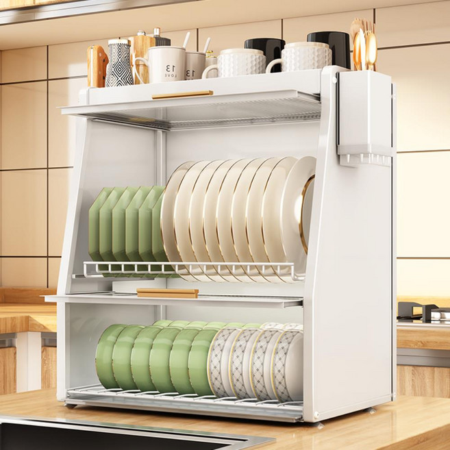 2단 뚜껑있는 식기건조대 주방 그릇 정리 선반 철제 건조대, 화이트, 1개