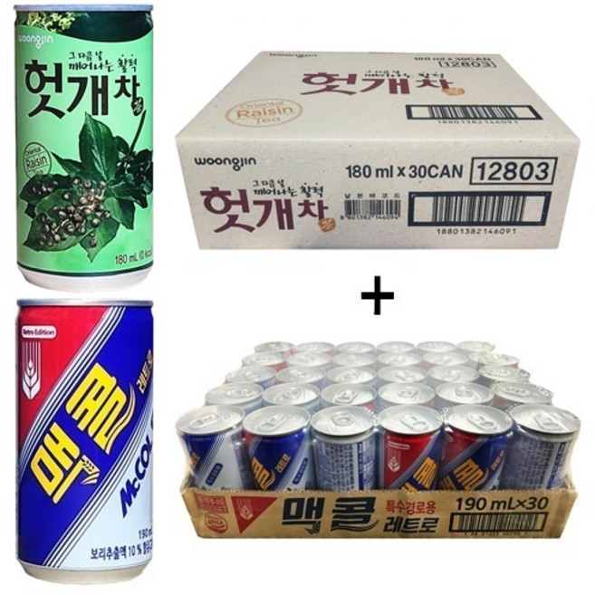 웅진 헛개차180ml(30캔) + 맥콜190ml(30캔), 60개, 180ml
