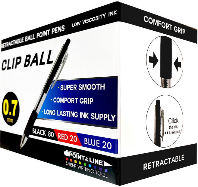 사무용 대용량 초저점도 유성볼펜 클립볼펜 120개입(검정 80 빨강 20 파랑 20)