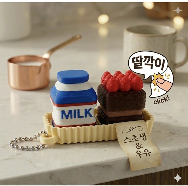 두쫀쿠 + 커피/우유 딸깍이 세트 키캡 키링 클리커, 1세트, 딸기초코케이크+우유