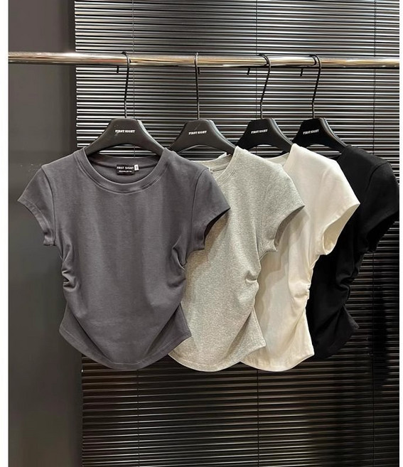 와이엔디샵 여성 사이드 셔링 크롭 반팔티 슬림핏 라운드넥 데일리 티셔츠