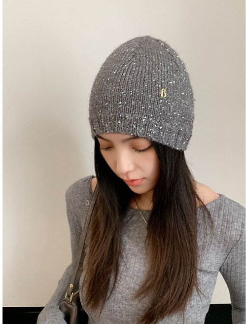베스트플라자 여성 블링블링 스팽클 반짝이 포인트 여성 비니 니트 모자 B 이니셜 캡 3COLOR