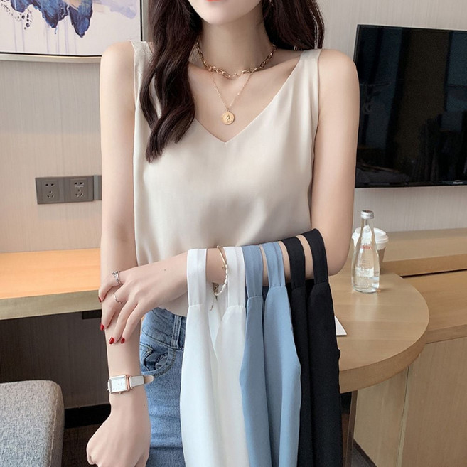 V넥 민소매 여성 슬리브리스 이너 나시 실크느낌 jia+76811iZ