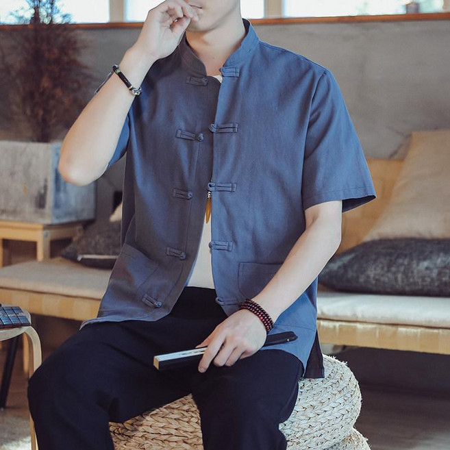 亞麻襯衫 中國風唐裝 男士短袖 薄款立領 盤扣中山裝