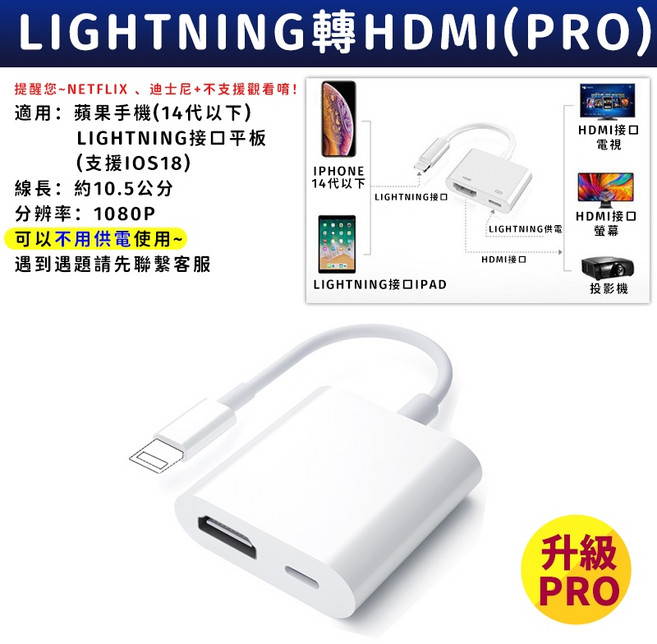 LIGHTNING 轉 HDMI 影音同步線 10.5公分 1080P, 1個, lightning轉HDMI pro版本, 白色, 14cm