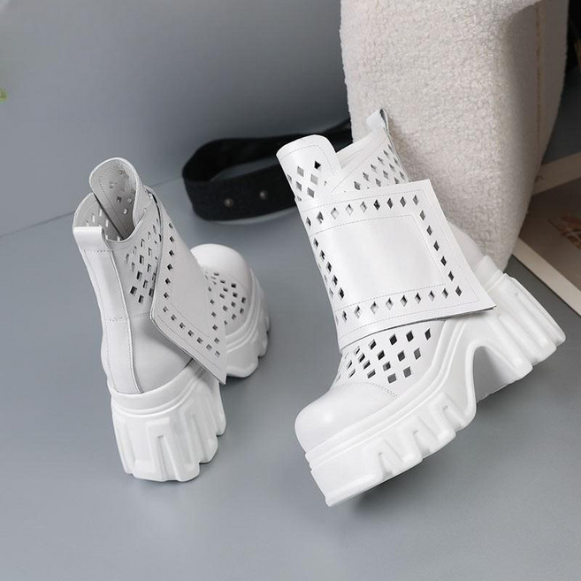 10cm 핑크 키높이 여름 소가죽 펀칭 부츠 가보시힐 경량 숏부츠