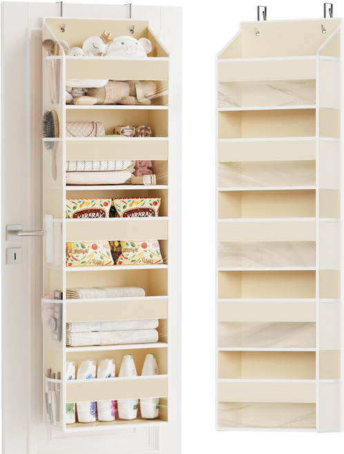 다용도 패브릭 문걸이 5단 포켓 수납함 정리함, 1개, 베이지색