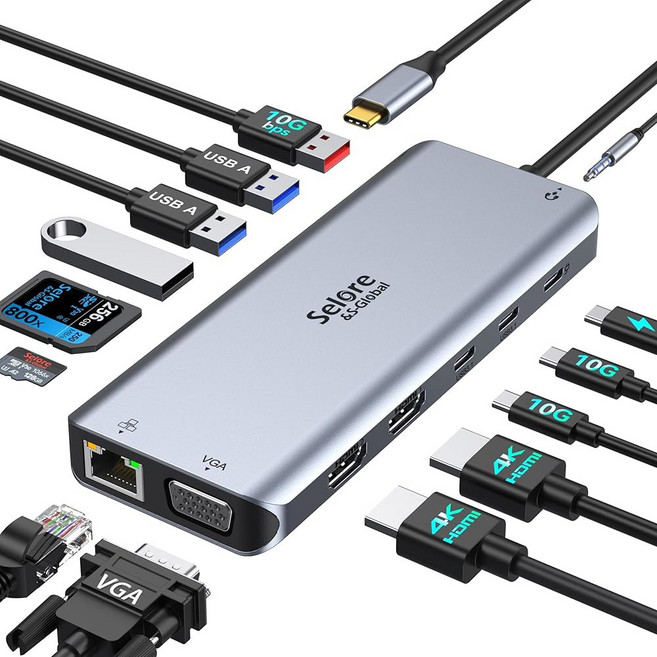 셀로어 USB C 도킹 스테이션 듀얼 모니터 노트북 스테이션 14 in 1 3 HDMI 2개 VGA 10G A /C 100W PD /C 포트 6개 Windows 노트북, Light Grey, 1개