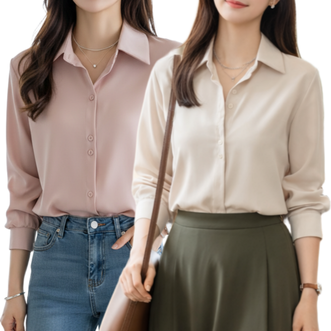 아르올 봄 여성 카라넥 셔츠 루즈핏 투버튼 링클프리 남방 2종 세트