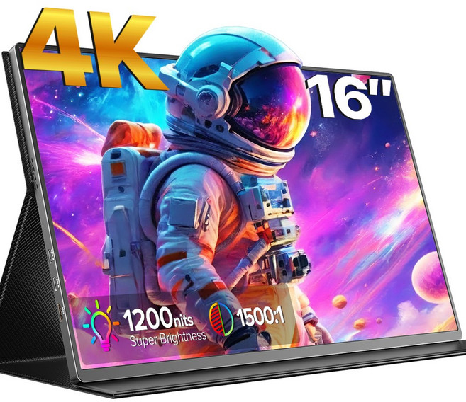 에비크 포터블 모니터 4K UHD 16인치 DEX 1200nit 고휘도 HDR 휴대용 모니터, 블랙-노터치, 40.64cm