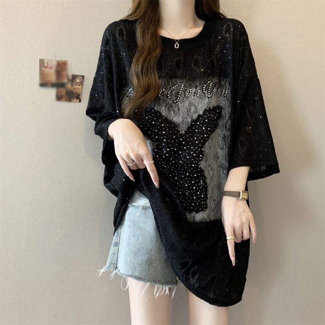 besteffie 건절기 여성 여름 반팔 티셔츠 반짝이 장식 캐주얼 넉넉한 스타일 대형 프린트 코디 여자 옷 K75