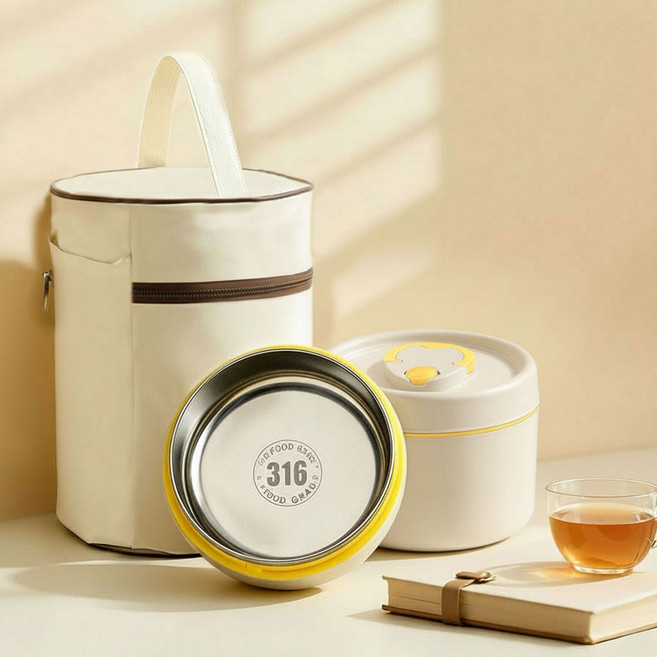 SEVOREN 316 스테인리스 보온도시락통 전자레인지 적용 2단 3단 수능 직장인 보온도시락 휴대용가방 포함, 1개, 1040ML 2단 베이지
