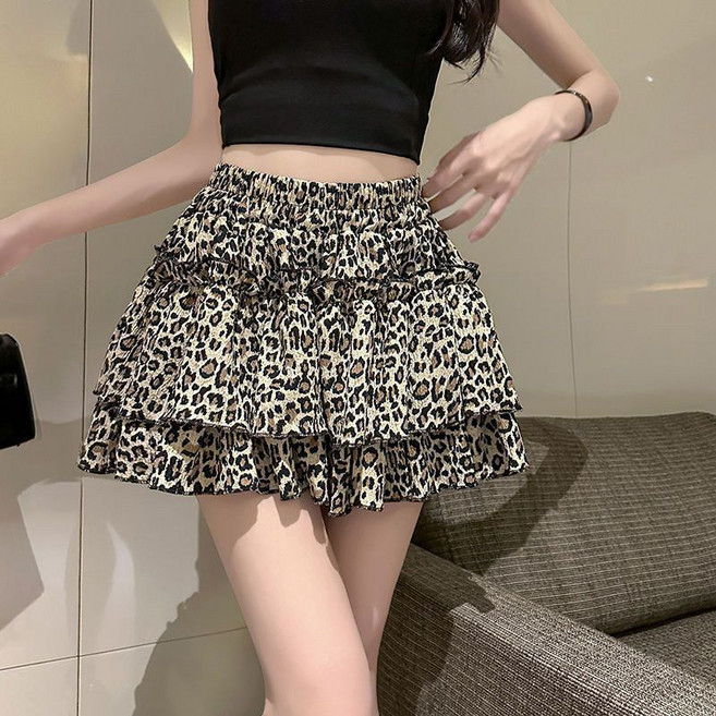 여성용 데일리 밴딩 하이웨스트 치마 A라인 플리츠 미니 레오파드 스커트