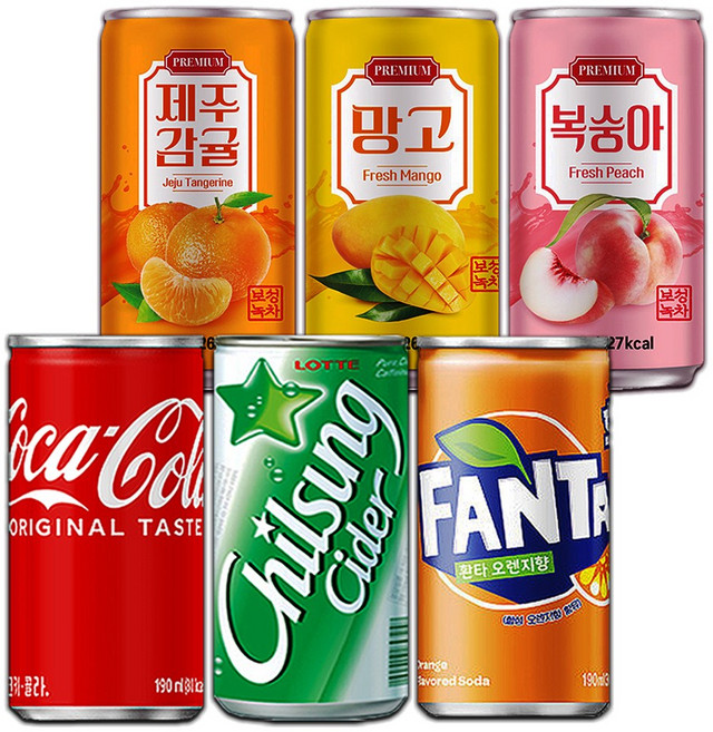 [중앙몰] 미니캔 탄산+과즙 혼합세트 60캔 (코카콜라+칠성사이다+환타오렌지+제주감귤+복숭아+망고)+메세지스티커, 1세트, 190ml