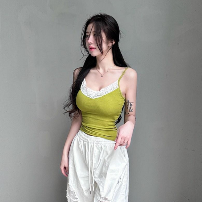 VANANA2 국내제작 소재좋은 여성 슬림핏 골지 레이스 레이어드 스판 끈나시