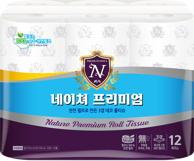네이쳐 프리미엄 100% 천연 펄프 롤화장지, 3개, 12롤, 30m