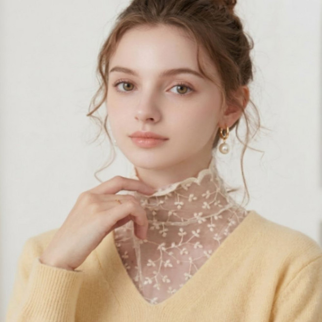 루비앤 프랑스 레이스 우아한 시스루 넥케이프 블라우스 프릴 자수 페이크카라