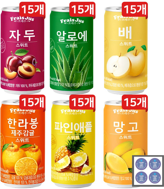 일화 프레쥬 미니캔음료 6종 각 15캔씩(자두+알로에+배+한라봉+파인애플+망고)+땡큐감사스티커, 90개, 175ml