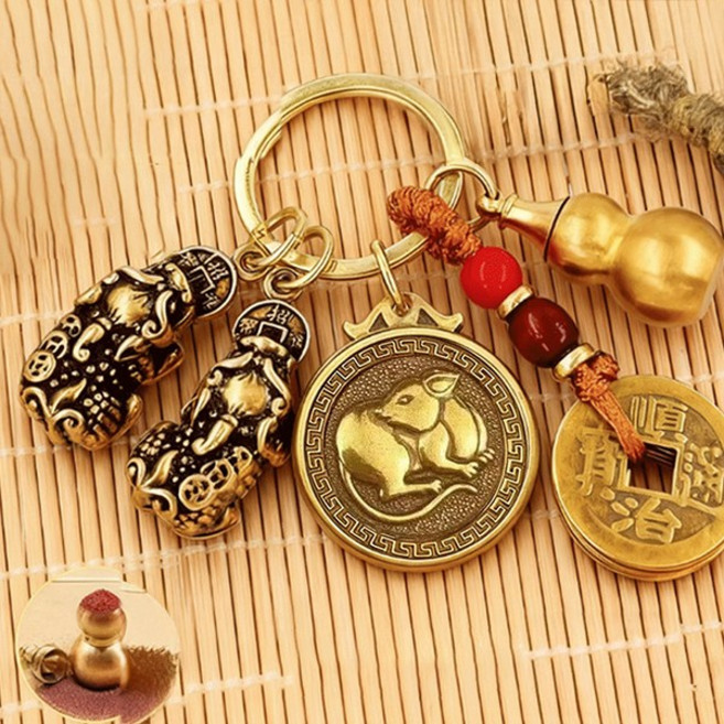 황동 행운 표주박 엽전 12간지 열쇠고리, 1개, 쥐