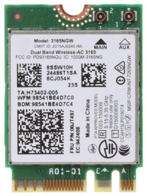 00JT497 듀얼 밴드 무선-AC 3165 BT4.0 2.4G/5G 433M NGFF 3165NGW 씽크패드용 무선 카드, Black, 1개