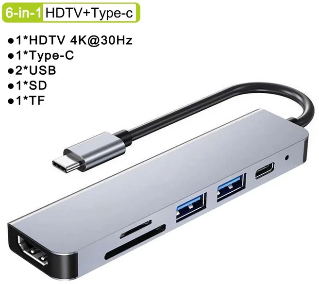 USB C 허브 타입 스플리터 썬더볼트 3 도킹 스테이션 노트북 어댑터 맥북 에어 M1 아이패드 프로 RJ45 HDMI, 02 6 in 1