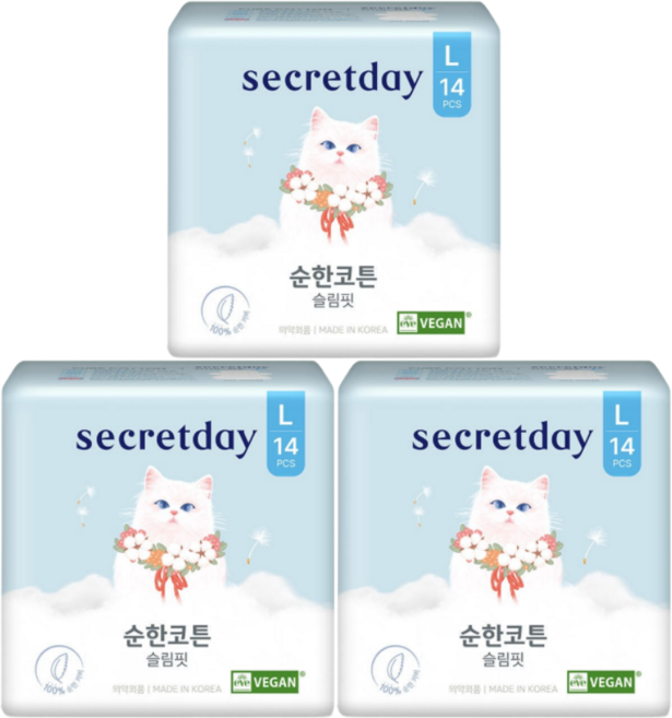 시크릿데이 순한코튼 슬림핏 생리대 날개형, 대형, 14개입, 3개