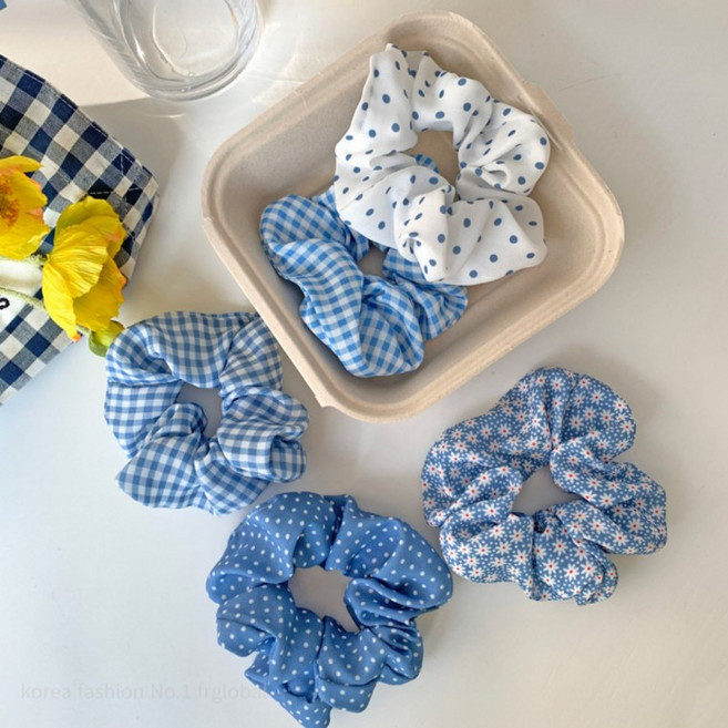 베리홈 블루 곱창 헤어밴드 여성 스크런치 헤어끈 데일리 머리끈 5p 세트